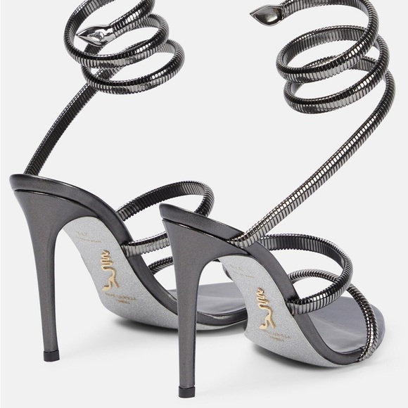 Rene Caovilla Cleo Snake Jeweled Juniper Elegant Black Leather Spiral Heels - Picture 2 of 7